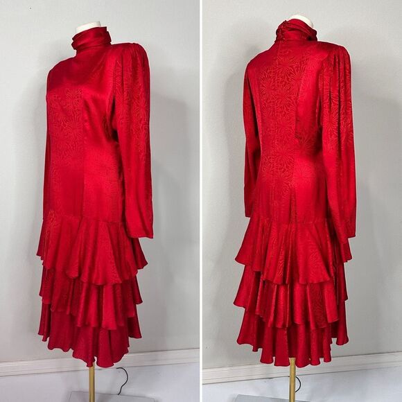 Vtg 80s David Josef 100% Silk Midi Dress Red Jacquard Neiman Marcus M Holidays - Picture 6 of 16